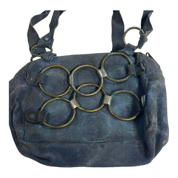 Blue Suede Leather Small Purse Brass Rings Circle Chain MCM Shoulder Bag 8x6.25 - Picture 1 of 7
